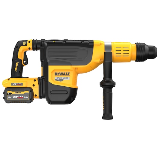 A DEWALT cordless rotary hammer drill with a yellow and black design, featuring a side handle and an XR FLEXVOLT 18V/54V lithium-ion battery, model DCH775X2.