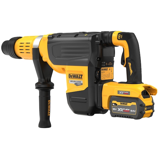 A DEWALT 54V cordless brushless rotary hammer drill with a side handle and an XR FLEXVOLT battery attached, shown in yellow and black color.