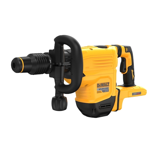 DEWALT cordless rotary demolition hammer, yellow and black, side handle visible.