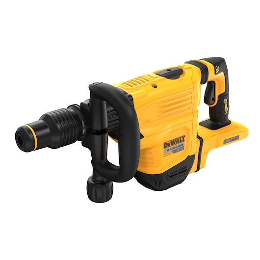 Yellow DEWALT cordless brushless demolition hammer with handles and SDS MAX tool holder.