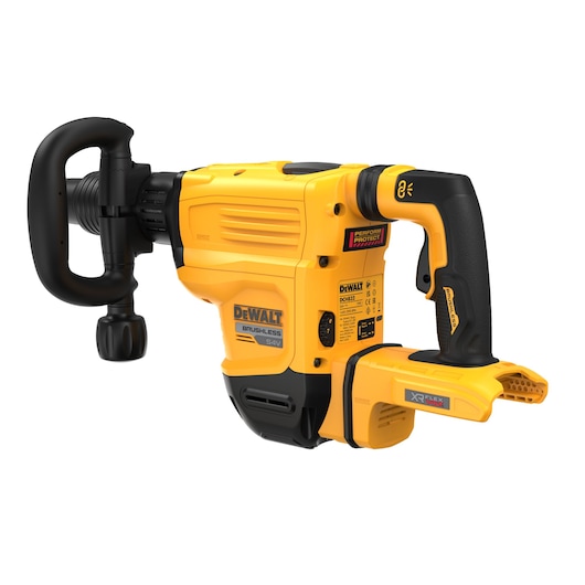 DEWALT DCH832N 54V cordless brushless demolition hammer, yellow and black, side handle, battery slot visible.