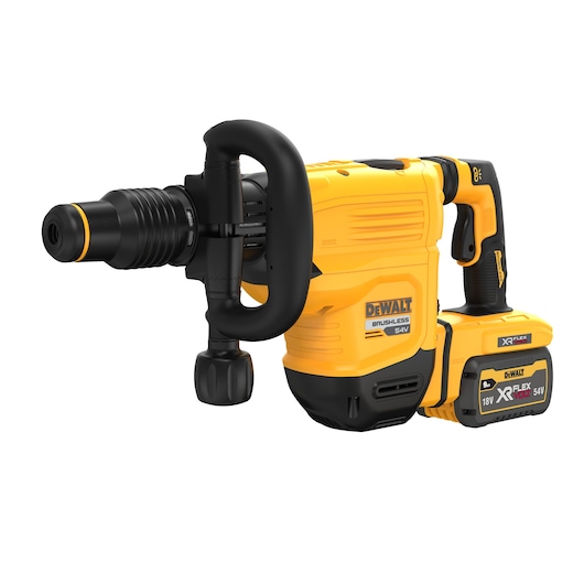DEWALT DCH832X1 cordless yellow hammer drill with XR FLEXVOLT 54V battery, black handle, side angle view.