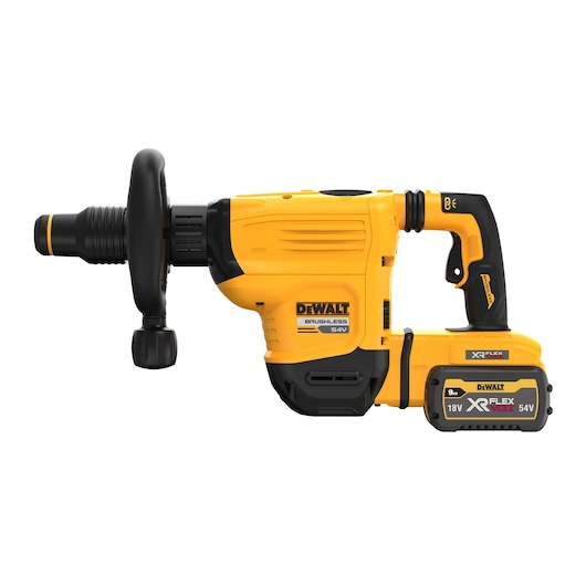 DEWALT DCH832X1 yellow cordless rotary hammer with XR FLEXVOLT 54V battery, side handle and brushless motor.