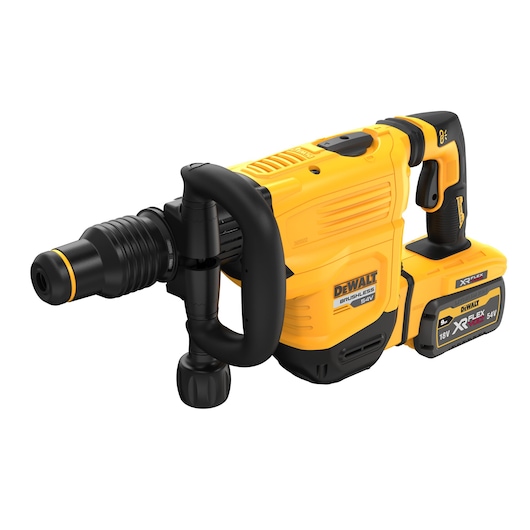 DEWALT cordless rotary hammer drill with battery, yellow and black design, handle and trigger shown.