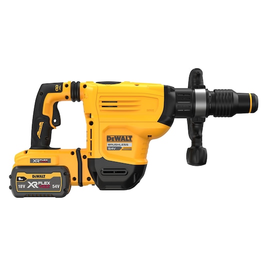 DEWALT cordless rotary hammer drill with 54V XR FLEXVOLT battery, yellow and black, side handle visible.