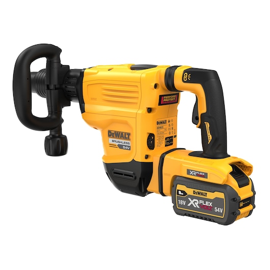 Yellow DEWALT 54V cordless rotary hammer drill with brushless motor and XR FLEXVOLT battery.