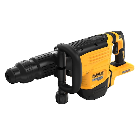 DEWALT yellow and black cordless rotary hammer drill with side handle shown on white background.