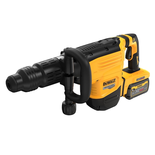 DEWALT cordless rotary hammer drill with handle and battery, shown in yellow and black color.