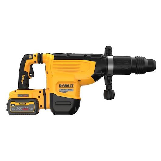 DEWALT cordless rotary hammer, yellow and black, with XR FlexVolt battery, side handle visible.
