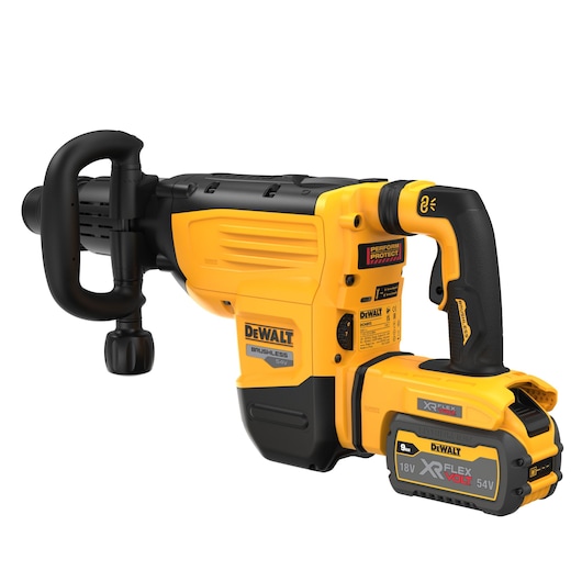 DEWALT cordless rotary hammer drill with XR FLEXVOLT 18V/54V battery, yellow and black design.