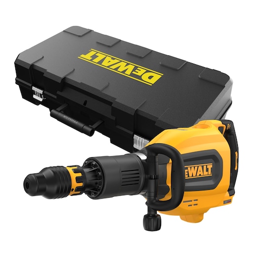 A yellow and black DEWALT demolition hammer with a sturdy handle, shown in front of a black DEWALT carrying case.