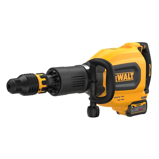 DEWALT cordless demolition hammer with battery, yellow and black, side handle, shown on white background.