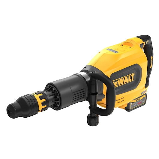DEWALT yellow and black cordless rotary hammer tool shown with side handle and battery pack.
