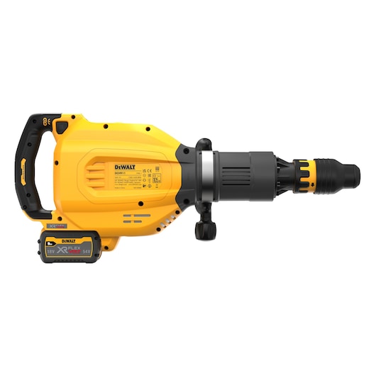 DEWALT DCH911X3 cordless demolition hammer with yellow and black design, side handle, and battery pack.