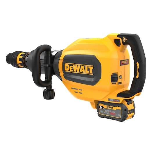 DEWALT yellow cordless breaker hammer with handle and XR FLEXVOLT battery, shown against a white background.