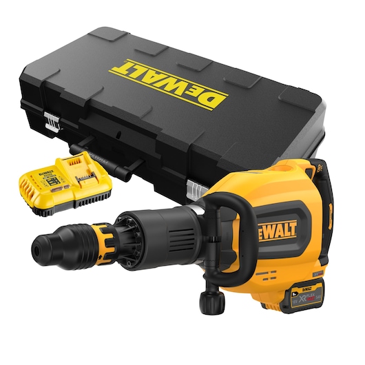 DEWALT cordless rotary hammer, battery, charger, and carrying case shown together.