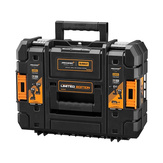 DEWALT McLaren limited edition black tool storage case with orange accents and sturdy handle.