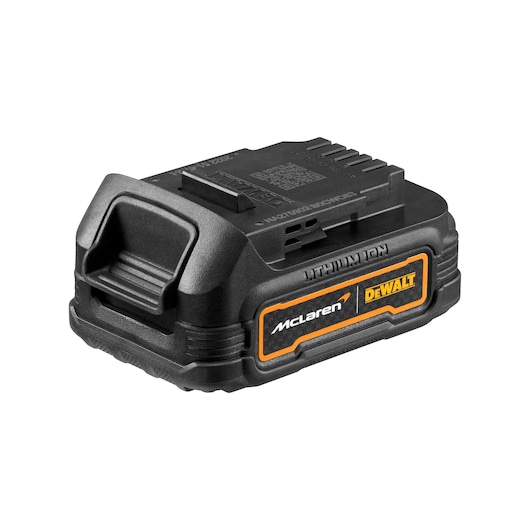Black DEWALT McLaren lithium-ion battery with orange accent, logo visible, for power tools.