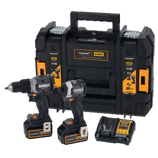 DEWALT DCK200MP2T, DCK200MP2T-XE tool kit includes 2 drills, charger and case. Photography category.
