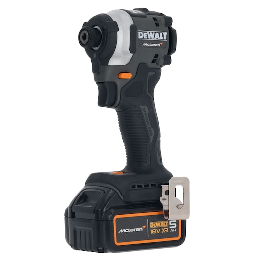 DEWALT McLaren 18V XR cordless impact driver with ergonomic grip and brushless motor, shown in side view.