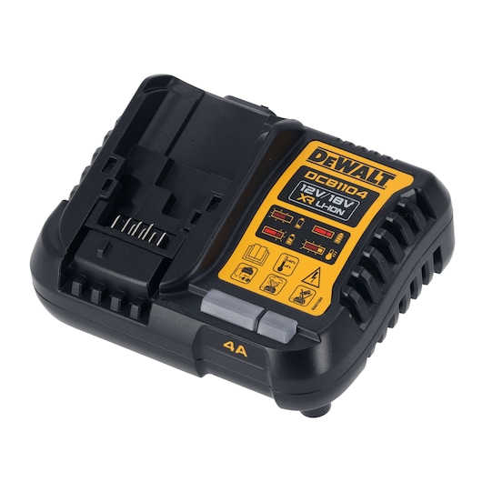 DEWALT DCB1104 battery charger for 12V/18V XR Li-Ion batteries, black with yellow label and indicator lights.