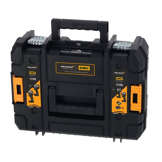 DEWALT black tool case with McLaren branding, sturdy handle and orange side latches, suitable for photography equipment.