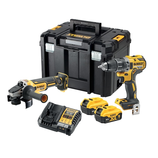 DEWALT tool set including a black and yellow cordless drill, angle grinder, two 18V batteries, a battery charger, and a sturdy black carrying case.