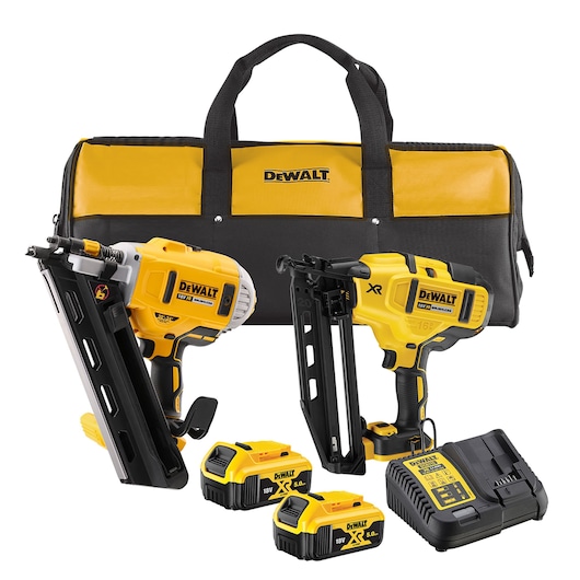 DEWALT nailer kit with two nail guns, two batteries, charger, and carry bag in black and yellow.