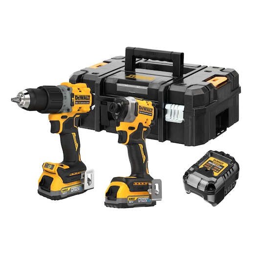 DEWALT tool kit with two cordless power tools, charger, and hard carrying case.