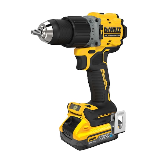 DEWALT 18V cordless drill with brushless motor and Powerstack battery, yellow and black design.