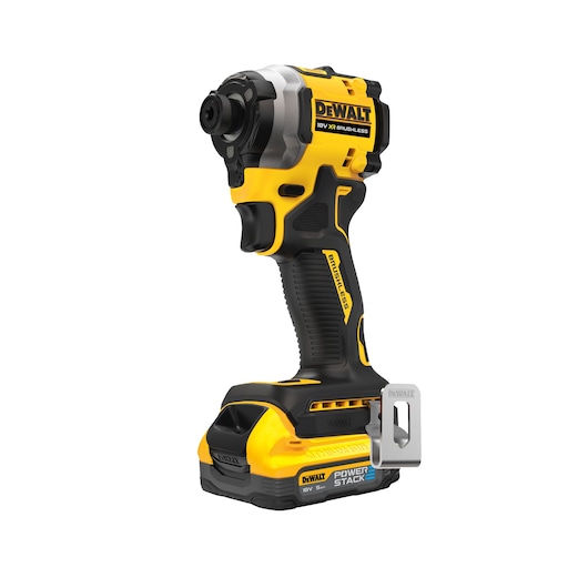 DEWALT 18V XR brushless impact driver with POWERSTACK battery in yellow and black, shown on a white background.