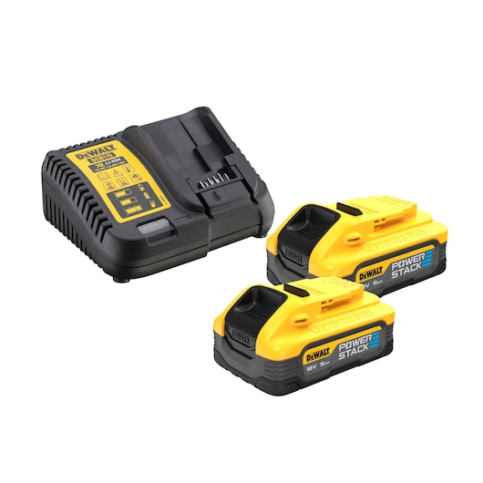 DEWALT charger and two 18V PowerStack lithium-ion batteries, shown on a white background.