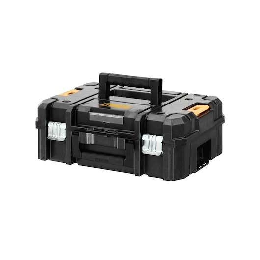 Black DEWALT toolbox with a sturdy handle and metal latches, designed for secure storage and transport of tools.