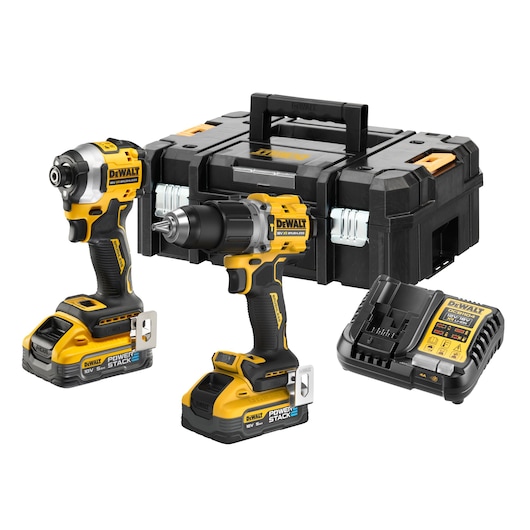 DEWALT tool kit with two cordless power tools, battery charger, and storage case.