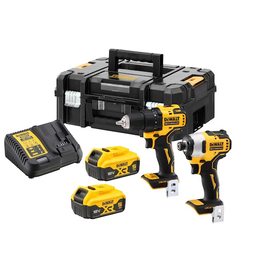 A DEWALT tool kit including a black and yellow carrying case, a cordless drill, an impact driver, two 18V XR lithium-ion batteries, and a battery charger.