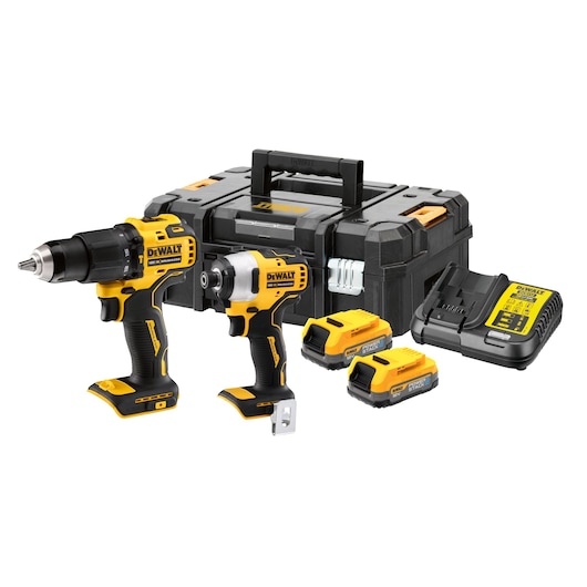 Dewalt cordless power tool kit including a drill driver, an impact driver, two rechargeable batteries, a battery charger, and a sturdy black carrying case.