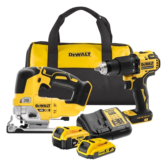 DEWALT tool kit with drill, jigsaw, two batteries, charger, and carrying bag in yellow and black.