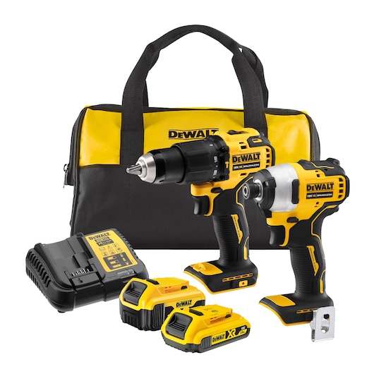 DEWALT tool kit with drill, impact driver, charger, batteries, and a black-yellow carrying bag.