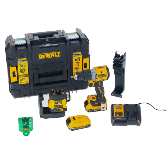DEWALT tool kit with carrying case, cordless drill, laser level, battery charger, two batteries, mounting bracket, and a green measuring card, all displayed on a white background.