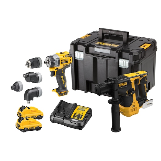DEWALT tool kit with drill, batteries, charger, rotary hammer, attachments, and case.