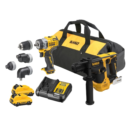 DEWALT tool kit with two drills, attachments, charger, batteries, and carry bag.