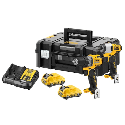 DEWALT cordless drill and impact driver kit with tool case, charger, and two batteries shown together.