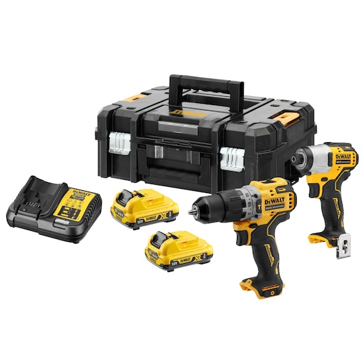 A DEWALT tool kit including a black and yellow drill, an impact driver, two 12V batteries, a battery charger, and a black toolbox with a handle.