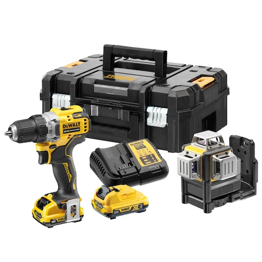 DEWALT tool kit including a cordless drill, battery charger, two batteries, a laser level, and a rugged black carrying case.