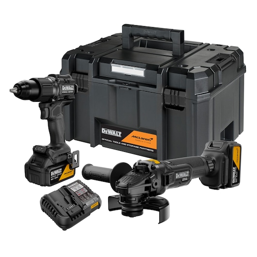 DEWALT DCK2223MP2T-QW, DCK2223MP2T tool kit with drill, grinder, charger, storage box. Photography category.