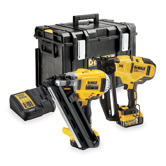 DEWALT tool kit with two cordless nail guns, charger, and storage case shown in yellow and black.