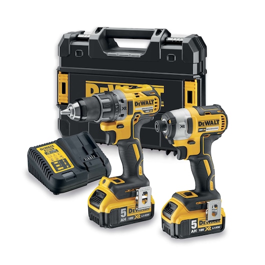 DEWALT tool kit with drill, impact driver, charger and hard carrying case, all in black and yellow.