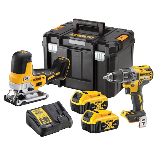 DEWALT tool kit including a black and yellow cordless jigsaw, cordless drill, two 18V XR 5.0Ah batteries, battery charger, and a black hard tool case.