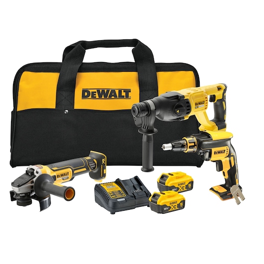 DEWALT tool kit with bag, drill, grinder, batteries, and charger. All tools and accessories shown together.