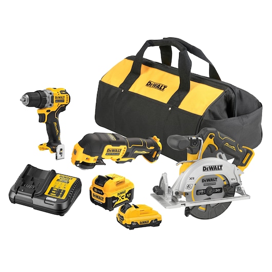 DEWALT tool kit with drill, grinder, saw, batteries, charger, and carrying bag.